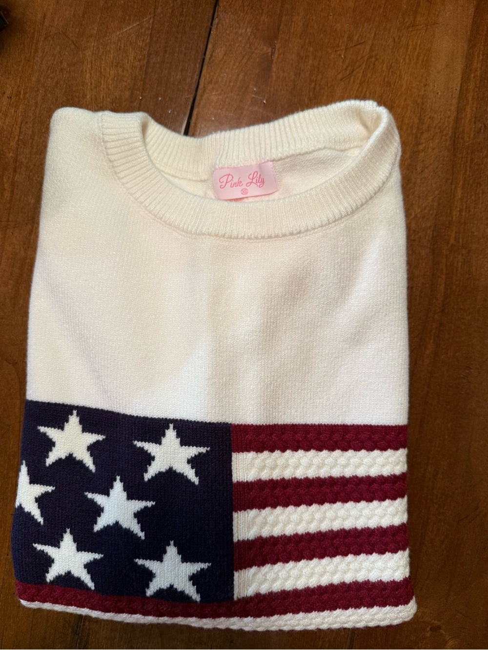 Pink Lily Cream Crewneck Sweater with Navy & Burgundy Flag Motif